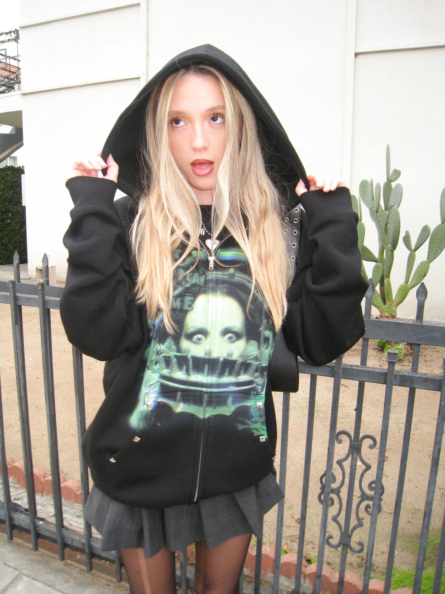 "i <3 saw" studded zip up hoodie