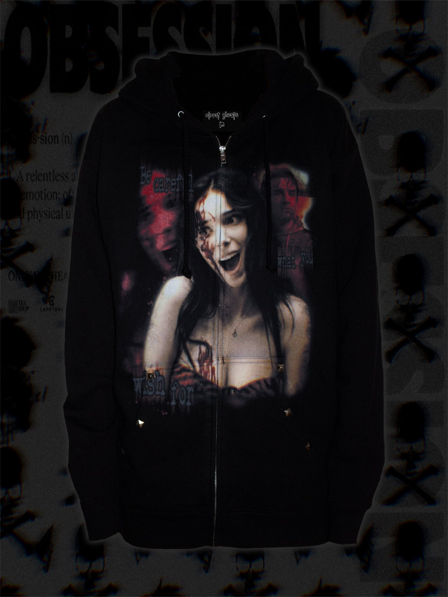 "be careful what you wish for" studded zip up hoodie