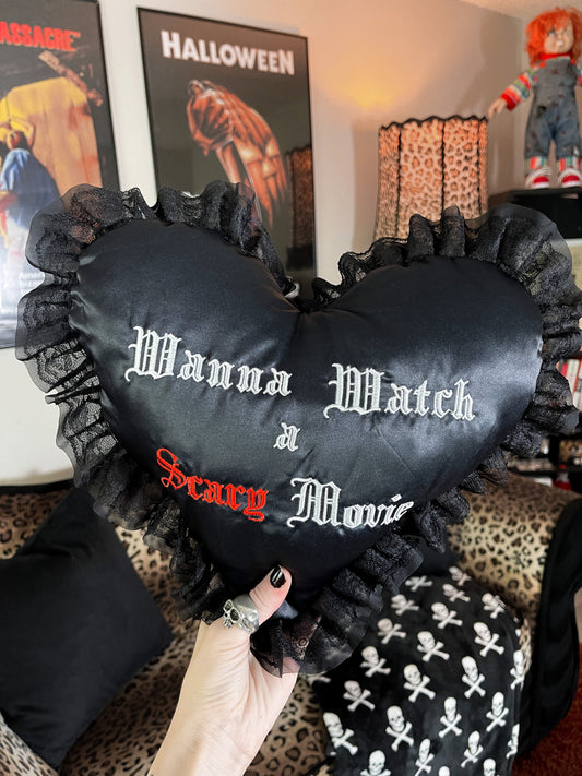 "Wanna Watch a Scary Movie" Embroidered Black Satin Pillow